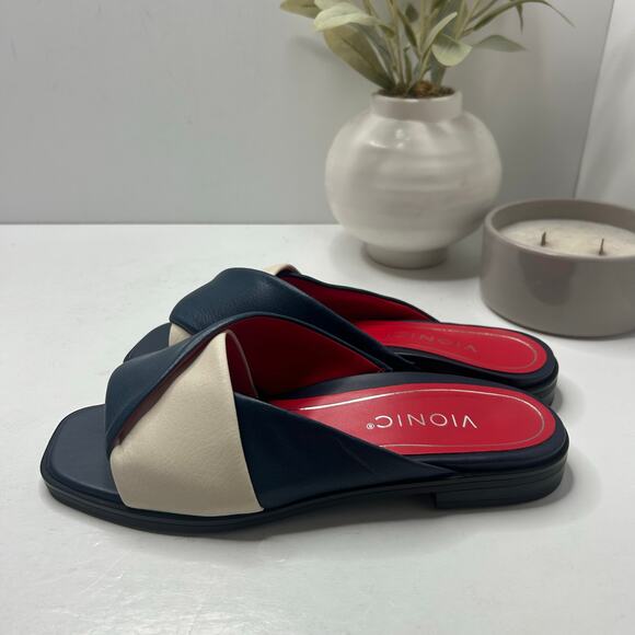 Vionic Poppy Miramar Leather Colorblock Slide Sandal Navy/Cream Women's 6M NWOB - Picture 3 of 9